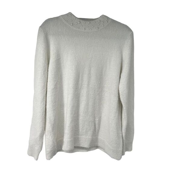 Elle White Pearl Neckline Detail Soft Mock Neck Sweater - Picture 1 of 8
